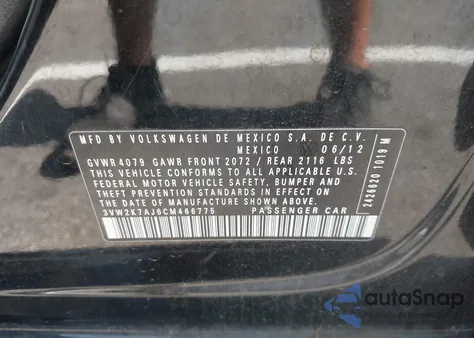 2012 Volkswagen Jetta S from USA, damaged, VIN 3VW2K7AJ6CM466775